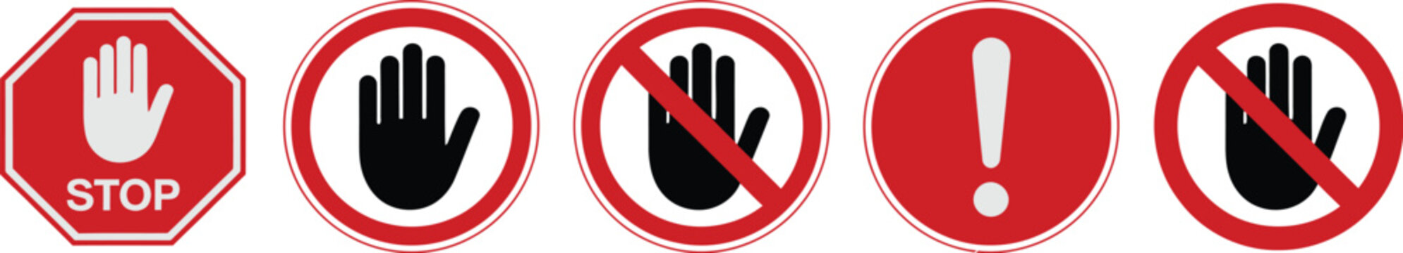 STOP signs, road prohibition symbols, no entry icons, hand warning signs, exclamation mark indicators, traffic restriction elements, safety notices, and road signs on a white background.