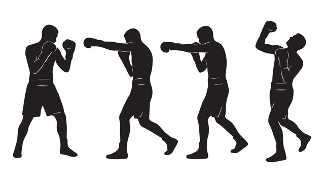 Four Boxers Silhouette Set, Men Boxing Poses, Fighting Guard Hook Punch Knockout Vector Illustration

