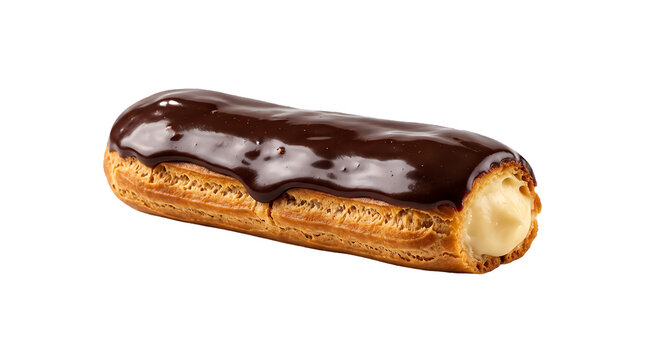 A delicious chocolate glazed eclair pastry isolated on a black background for professional food png design projects