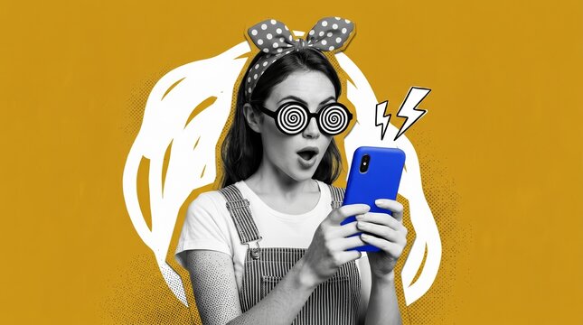 Creative comic billboard design showing a retro woman experiencing device-driven brainwashing.