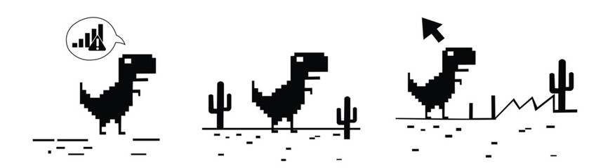 Pixel art pixelated dinosaur t-rex offline game set no internet signal connection error page vector illustration icon isolated background © Roksana393903
