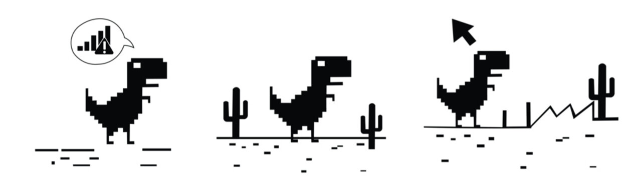Pixel art pixelated dinosaur t-rex offline game set no internet signal connection error page vector illustration icon isolated background