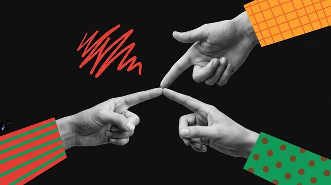 Group of three hands reaching out to connect fingers in a trending composite sketch style.