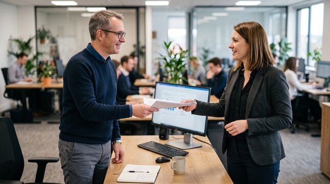 Colleagues exchanging documents in a modern office environment during a workday