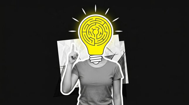 Surreal artwork sketch of a thinking woman featuring a yellow light bulb labyrinth for creative ideas.