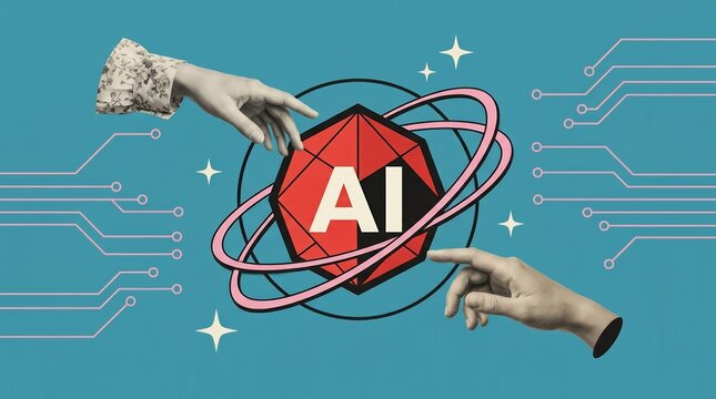 Digital intelligence assistant and AI icon featuring a composite sketch and collage design.