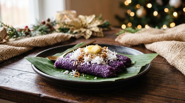 Filipino Puto Bumbong Purple Rice Cake With Butter And Coconut Toppings Served On Banana Leaf For Christmas