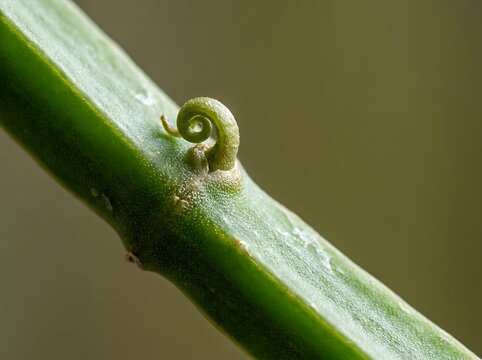 Macro close-up of a tiny green tendril curling on the stem of a healthy Cissus quadrangularis plant vine