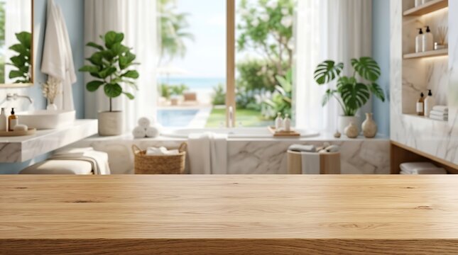 Empty wooden table top display with blurred luxury spa bathroom interior background for a product mockup presentation