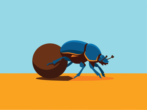 Dung beetle rolling ball illustration