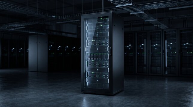 Modern server rack with blinking lights in a dark data center room with rows of equipment