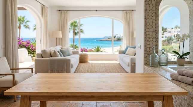 Empty wooden table top in luxury mediterranean villa interior with blurred ocean view for product display background.