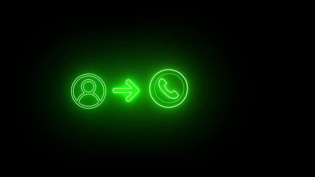 Neon green contact support icon connecting user to phone call service glowing outline showing a profile via arrow