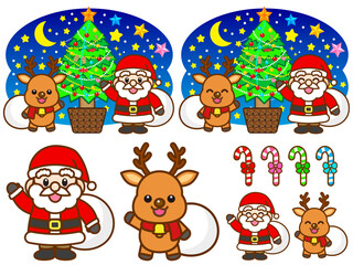 Obraz premium サンタクロースとトナカイのクリスマスイラスト素材セット4