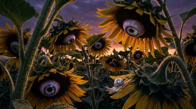 Macro shot of surreal sunflower field with realistic human eyes
