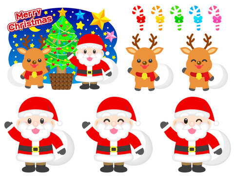 サンタクロースとトナカイのクリスマスイラスト素材セット3