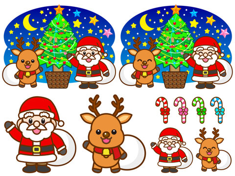 サンタクロースとトナカイのクリスマスイラスト素材セット4