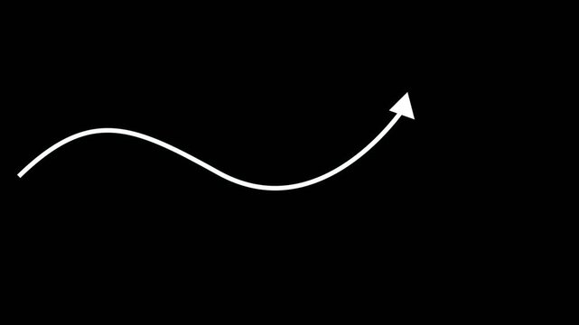 White curved motion arrow pointing up and right on black background simple graphic line curving upward