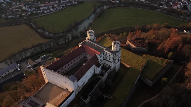 Drone aerial panorama of Willibaldsburg Castle in Eichstaett, Upper Bavaria, Germany. Historic hilltop stronghold, cultural heritage site, and museum complex overlooking the valley and city.