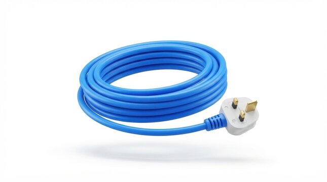 Coiled bright blue electrical power cable with UK plug isolated on a pure white background