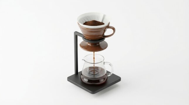 Pour over coffee maker with paper filter and ground beans on a black metal stand isolated on white background