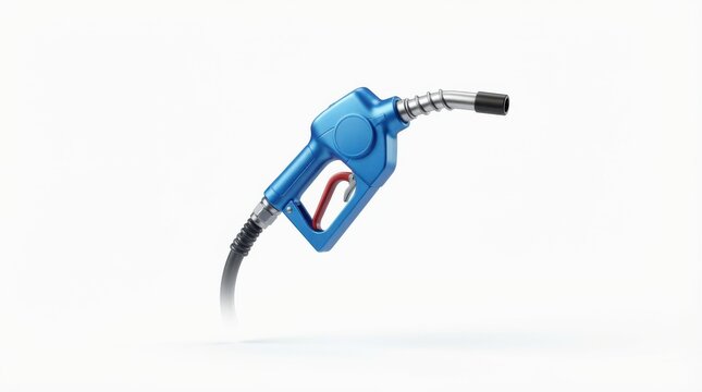 Blue fuel pump nozzle isolated on white background for gas station and energy transportation industry photography