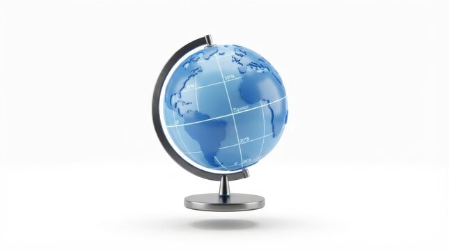 Classic blue desktop globe on metal stand isolated on white background for travel and educational concepts photography