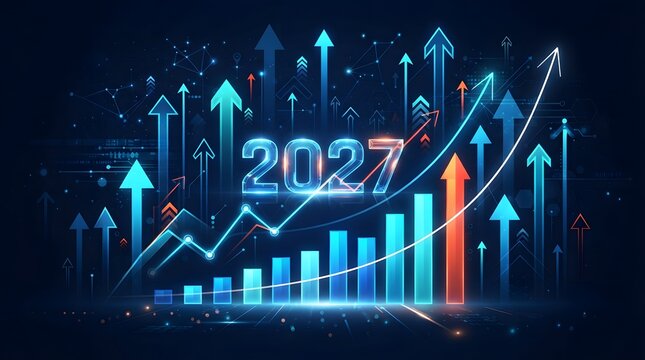 Financial growth and progress toward 2027 with arrows and data visualization on dark background