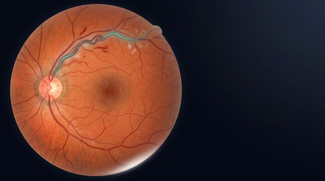 Close up Fundus Photograph of a Human Eye Showing Retinal Blood Vessels and Optic Disc on Dark Background