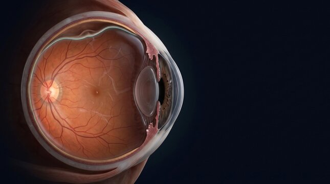 Medical Illustration of a Human Eye Cross Section Showing Retina, Lens, and Internal Anatomy on Dark Background