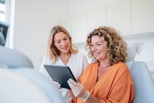 Dentist showing digital scan results on a tablet to a patient in a serene clinic, featuring soft textures and light for dental healthcare campaigns