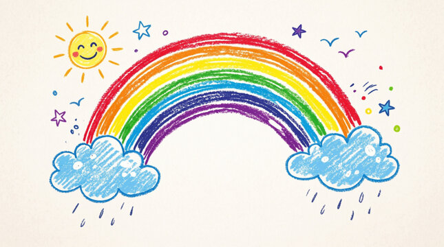 Cute childlike hand drawn rainbow with sun clouds and rain