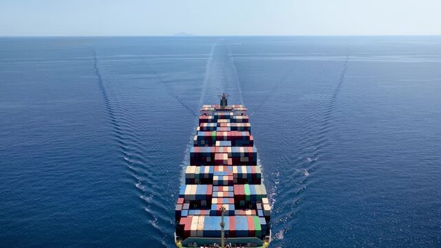 Aerial view of a large super container ship passing by as a concept for industry and shipping