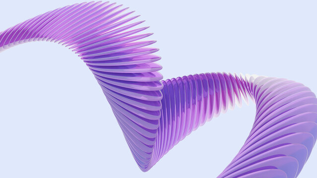 Abstract 3D render of purple glass discs in twisting wave formation. Futuristic spiral shape on light background