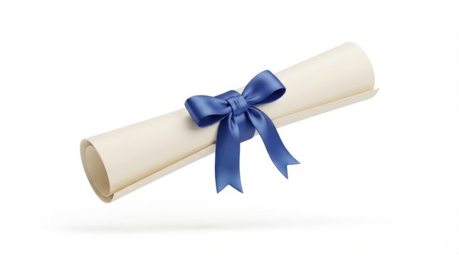 Academic parchment scroll tied with a deep blue silk ribbon isolated on white