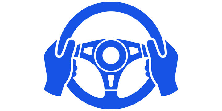 Blue steering wheel icon with driver hands on transparent background.