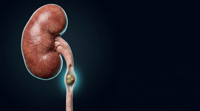 Medical Illustration of a Human Kidney with a Stone Located in the Ureter on a Dark Background