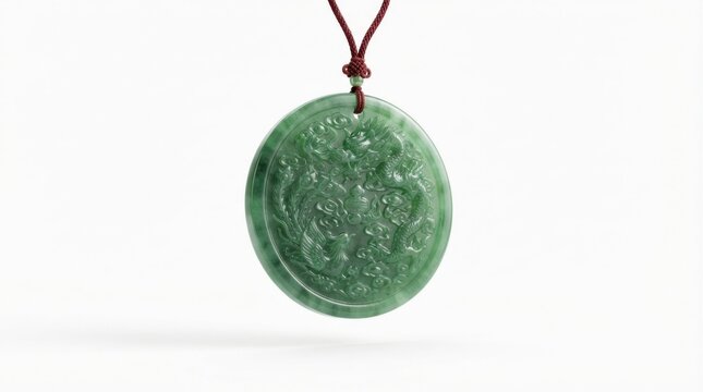 Ornate circular green jade pendant featuring intricate dragon and phoenix carvings hanging on red string cord