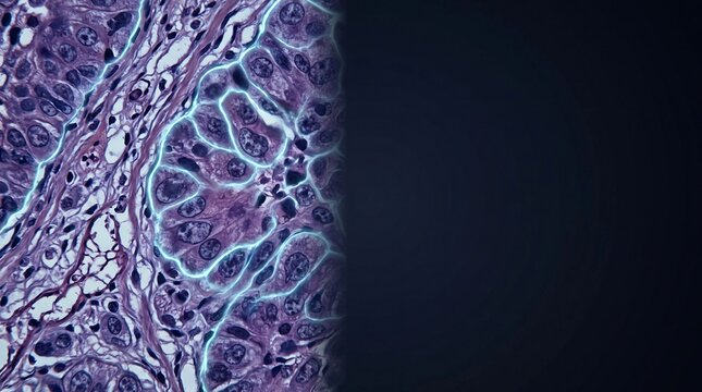 Microscopic View of Histology Slide Showing Purple Stained Cellular Tissue Structure and Nuclei Patterns