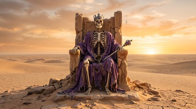 Skeleton king sitting on weathered stone throne in vast desert at sunset wearing jeweled crown and purple robe holding scepter