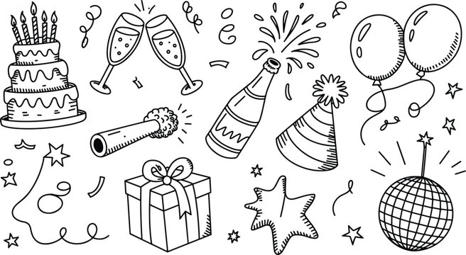 Party doodle icon set featuring sketch illustrations of a birthday cake champagne toast popping bottle party hat gift box disco ball and balloons.