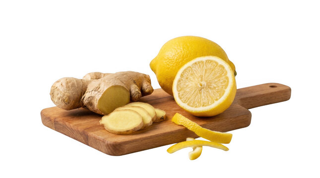 Fresh ginger root with slices and whole and half lemon with peel on a wooden board isolated on transparent background