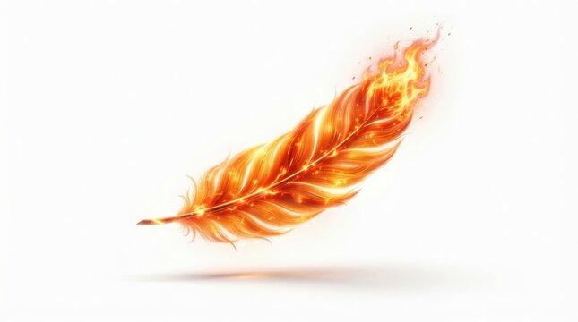 Fiery glowing feather floating in air with intense orange sparks and burning embers on clean white background