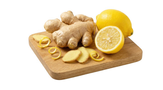 Fresh ginger root and whole and sliced lemons on a wooden cutting board isolated on transparent background