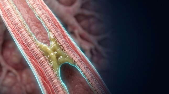 Medical Illustration of a Blood Clot Obstructing a Human Artery with Fibrin and Thrombosis Detail