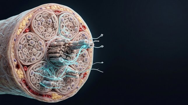 Medical Illustration of a Peripheral Nerve Cross Section Showing Axons and Myelin Sheaths on Dark Background