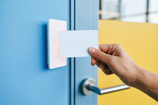 Hand scanning a blank access card at a glowing reader beside a smooth metal door handle, for office security and employee access mockup