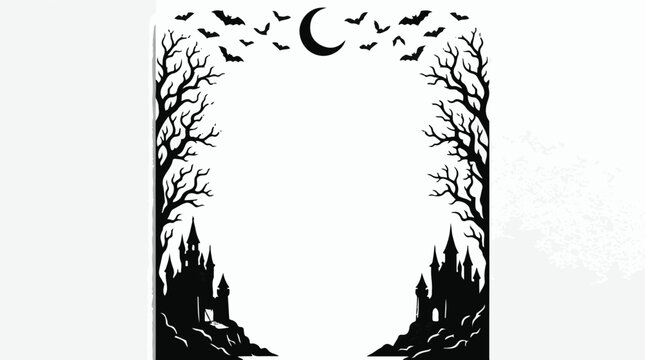 Spooky Halloween border with haunted castle and bats. Gothic night frame featuring dead trees and crescent moon. Black silhouette invitation template. Halloween editable eps
