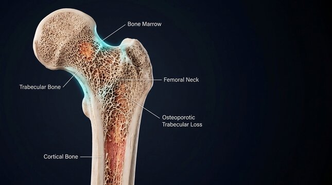 Medical Illustration of a Human Femur Bone Showing Trabecular Structure and Osteoporotic Bone Loss Details