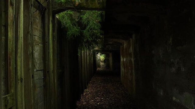 A long, dark hallway with a light source at the far end, suggesting a path or exit
